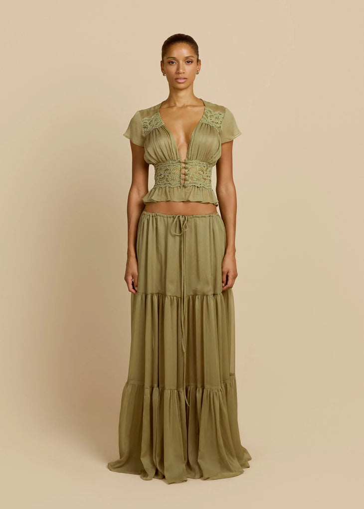 Sabrina Skirt in sage green with tiered ruffles and drawstring waist — Arcina Ori | Endless UAE