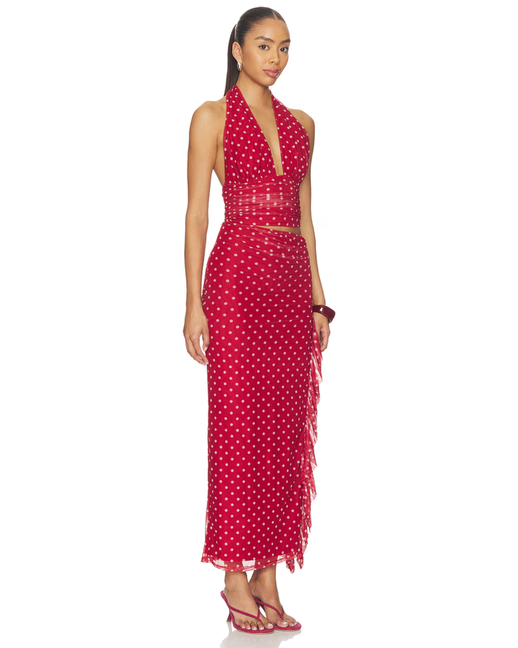 Red polka dot halter maxi dress with ruched waist and fringe trim — More To Come | Endless UAE