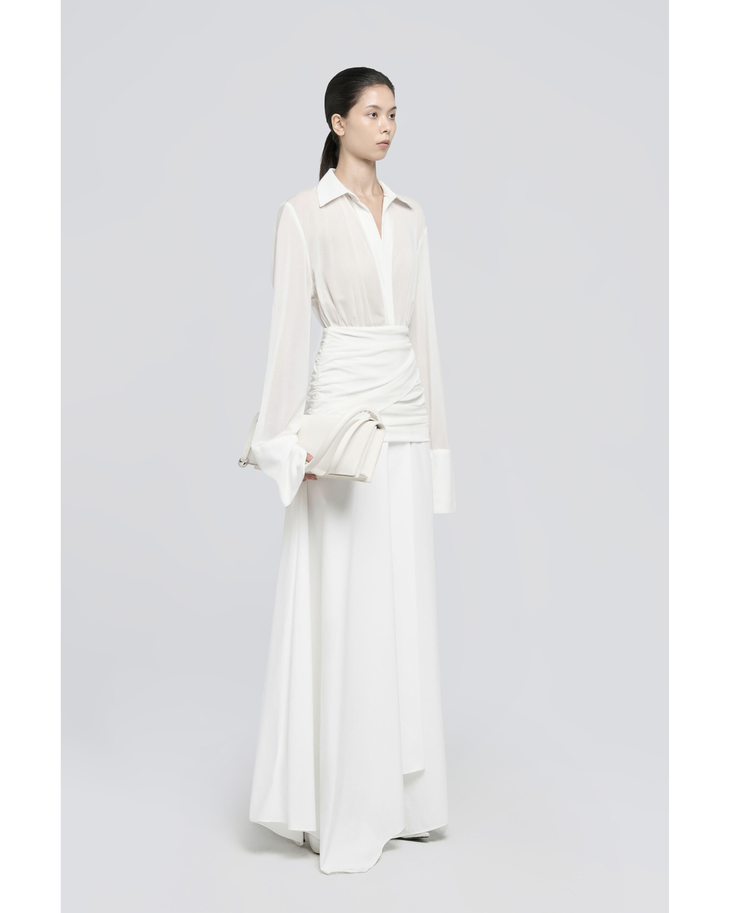 Campa Maxi Dress in cream features a collared shirt top with ruched waist detail and flowing maxi skirt — Chats By C.Dam | Endless UAE