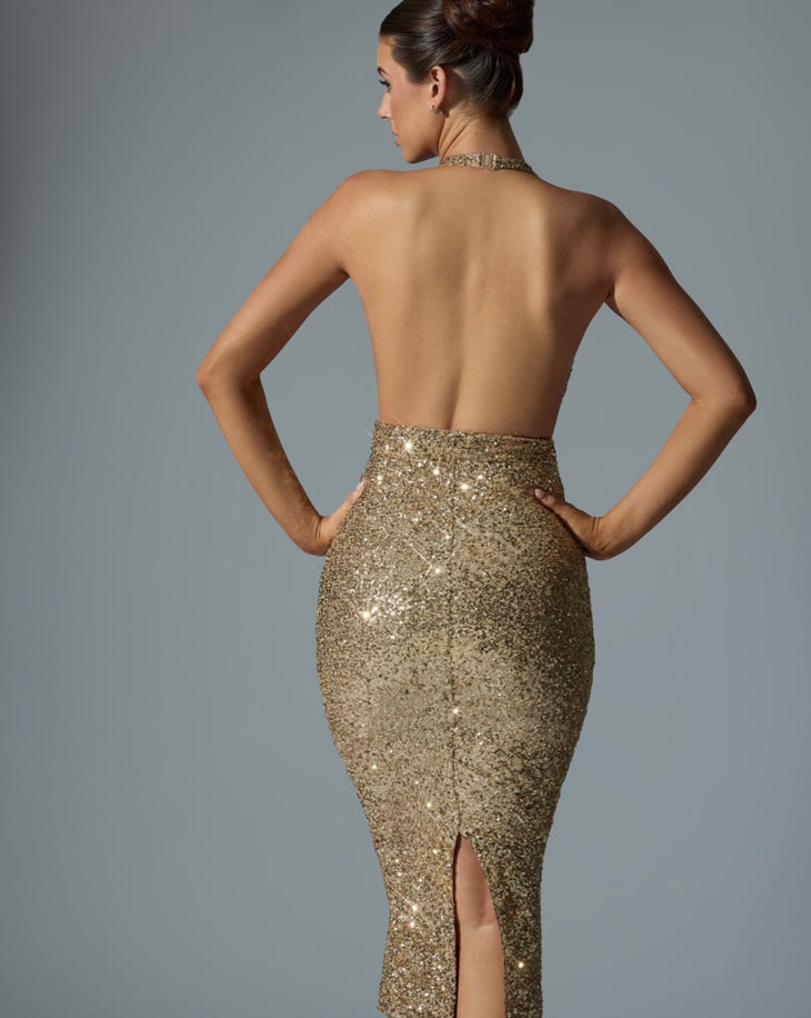Gold sequin halter midaxi dress with cut-out details and open back — Oh Polly | Endless UAE
