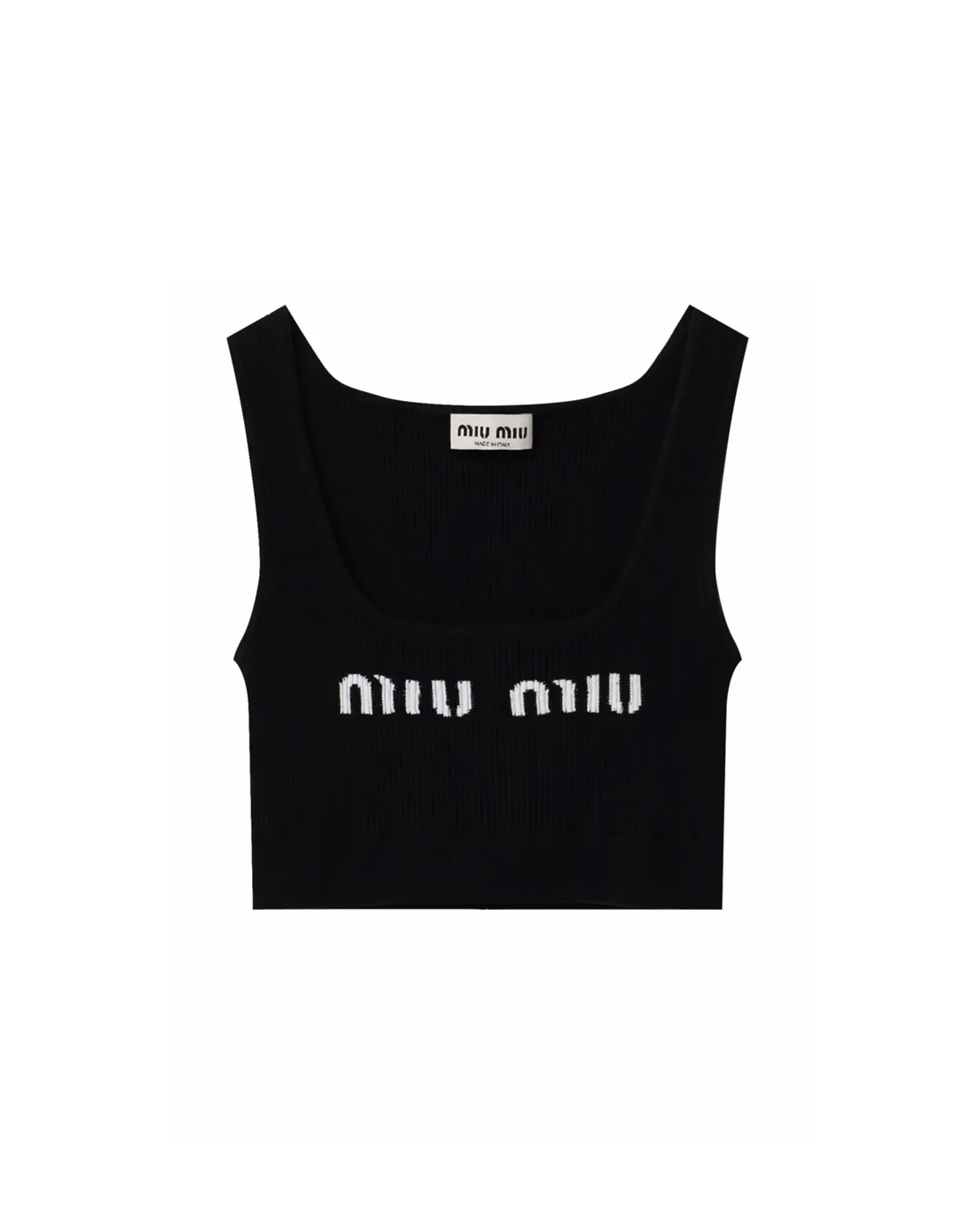 Black ribbed viscose tank top with white Miu Miu logo — Miu Miu | Endless UAE