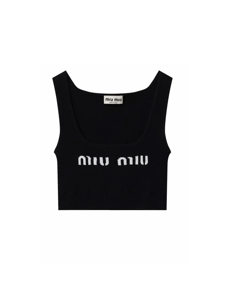 Black ribbed viscose tank top with white Miu Miu logo — Miu Miu | Endless UAE