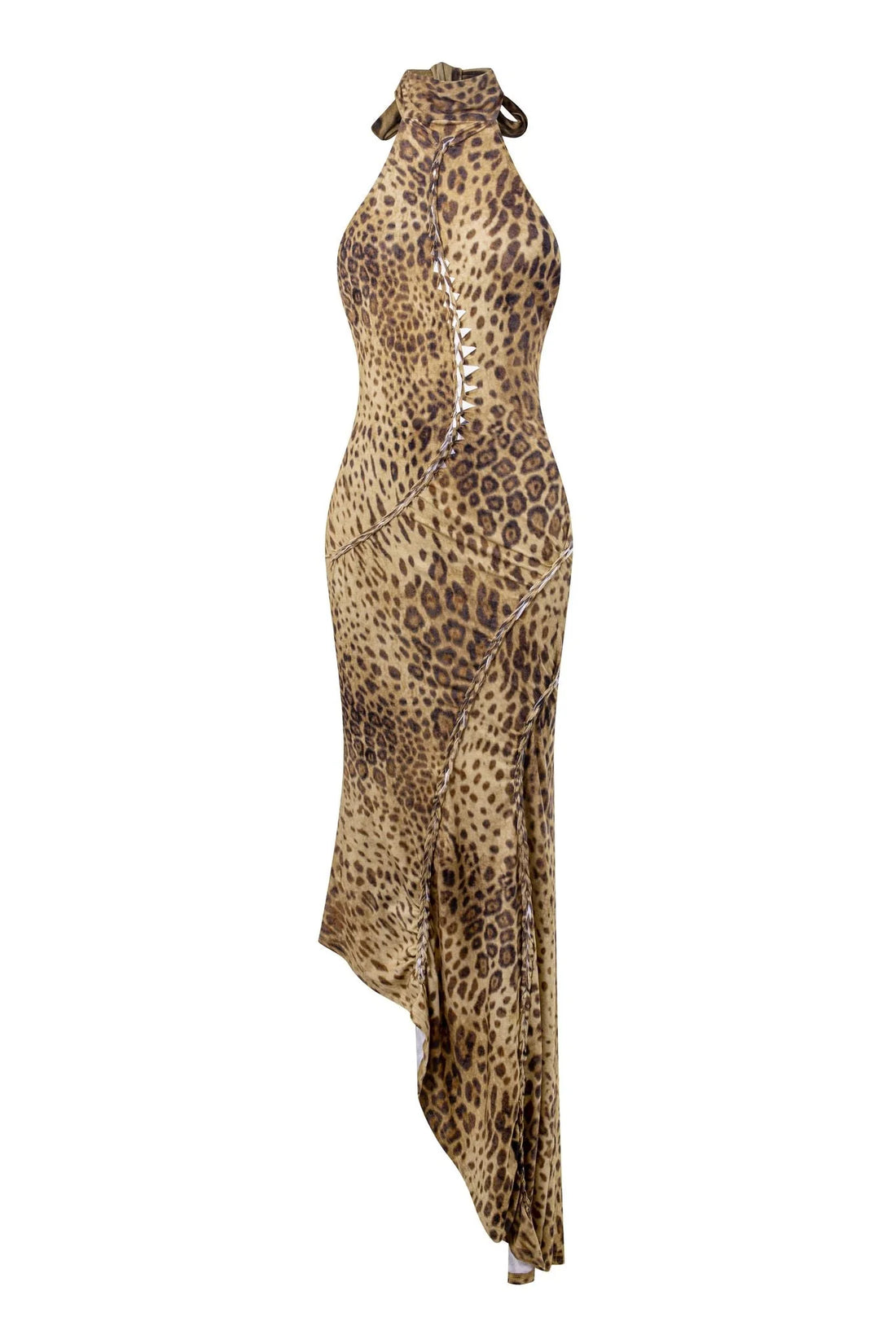 Leopard print halter neck maxi dress with asymmetrical draped hem — The Kript | Endless UAE