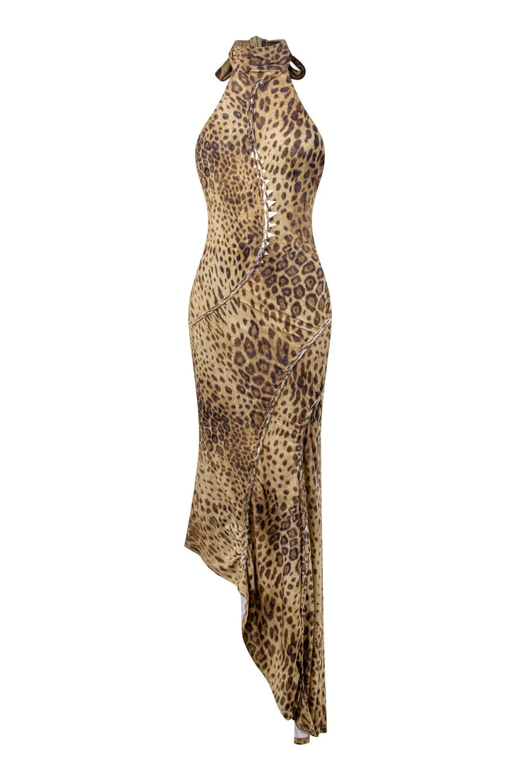Leopard print halter neck maxi dress with asymmetrical draped hem — The Kript | Endless UAE
