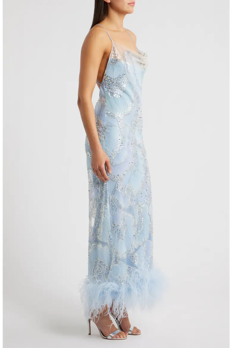 Light blue sequined gown with ostrich feather hem and thin straps — Delfi | Endless UAE