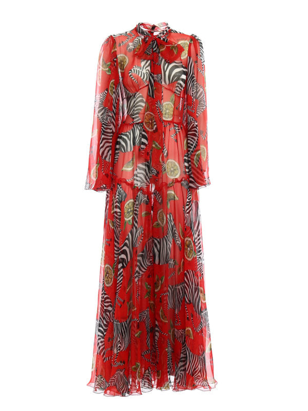 Red silk jumpsuit with zebra and lemon print and bow neckline — Dolce & Gabbana | Endless UAE