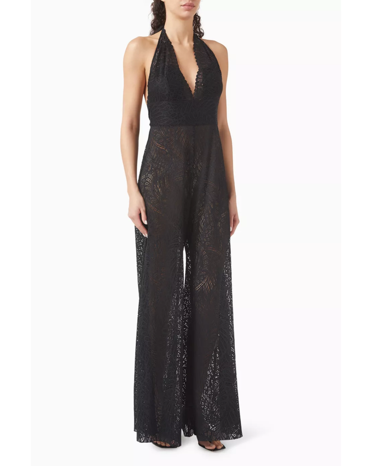Black lace halterneck wide-leg jumpsuit with intricate pattern detailing — Alexandra Miro | Endless UAE