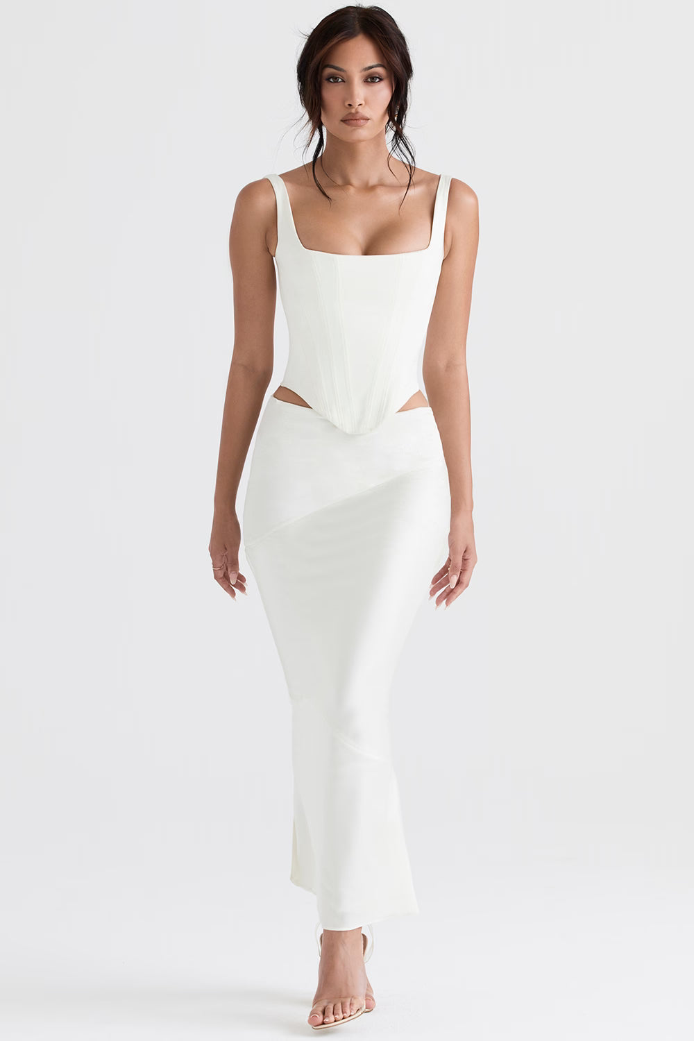 White satin bias cut midi skirt with cutout corset top — House of CB | Endless UAE