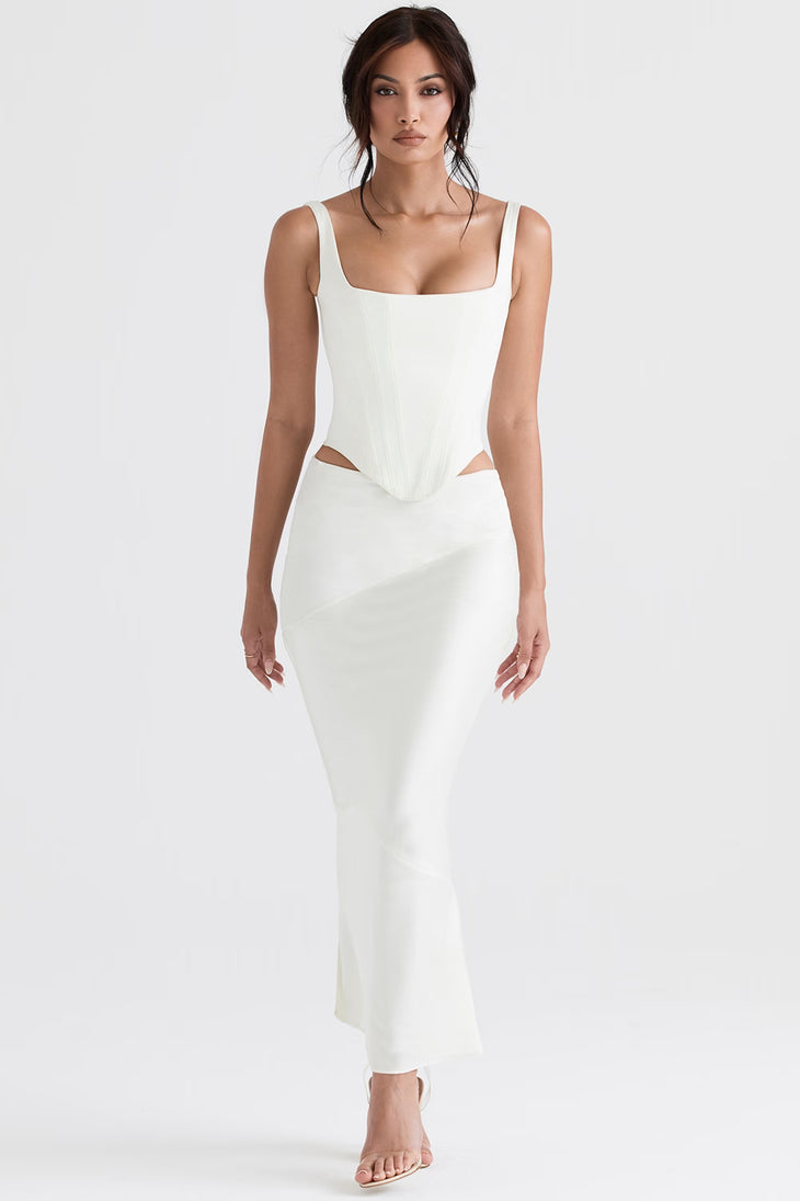 White satin bias cut midi skirt with cutout corset top — House of CB | Endless UAE