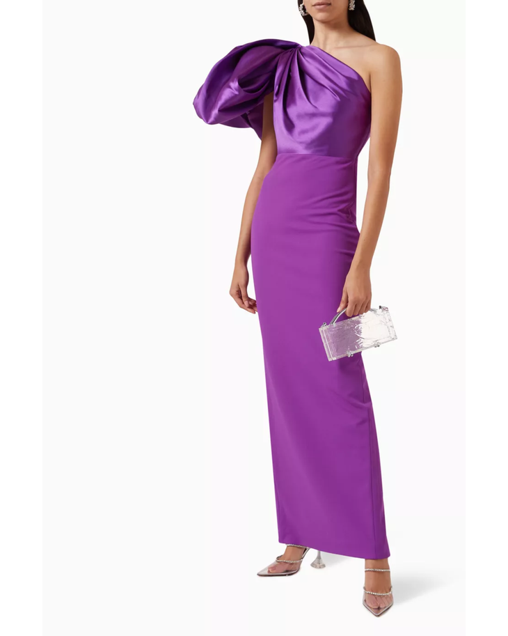 Purple one-shoulder maxi dress with dramatic puff sleeve — Solace London | Endless UAE