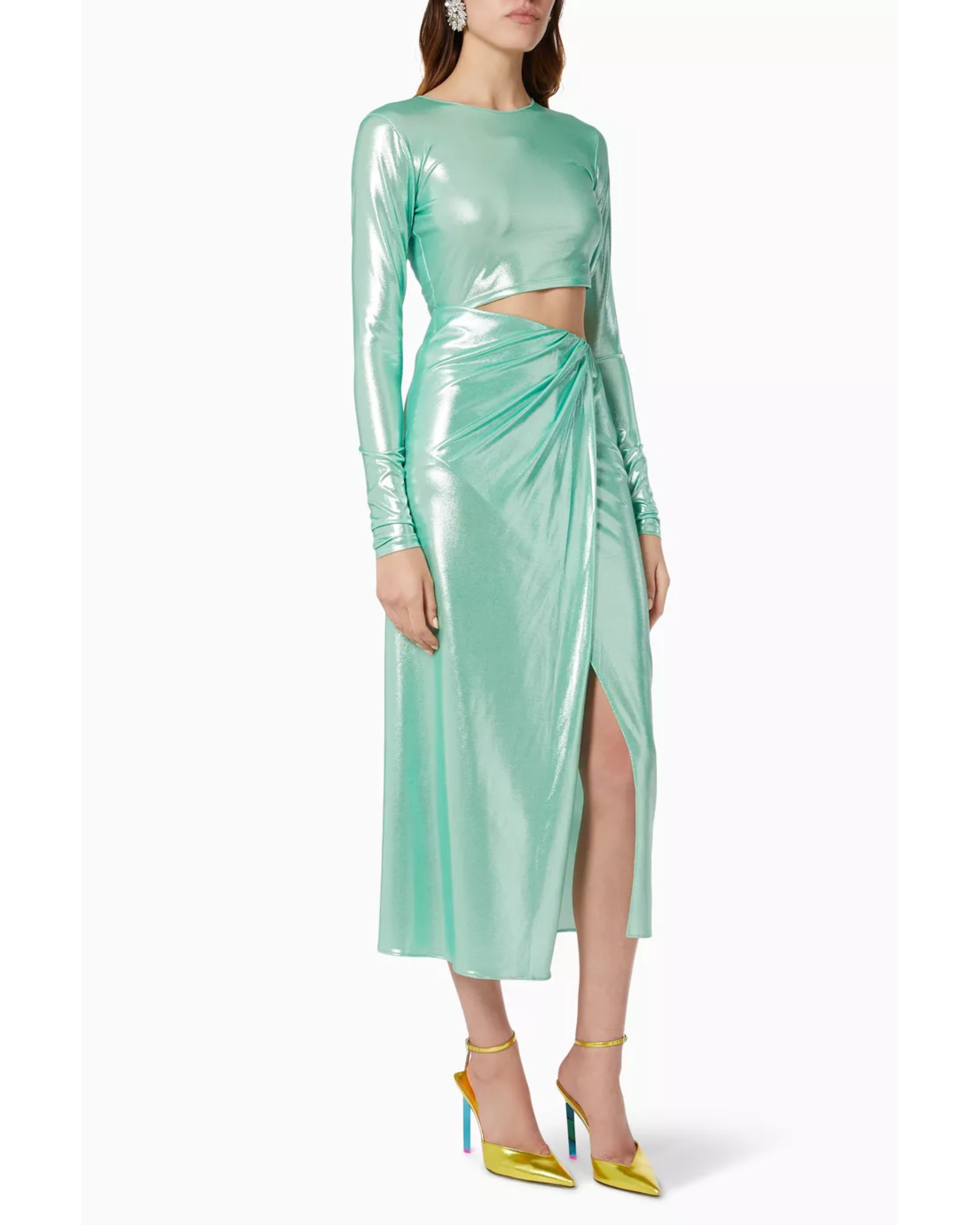 Mint green metallic cut-out midi dress with long sleeves and draped skirt — The Andamane | Endless UAE