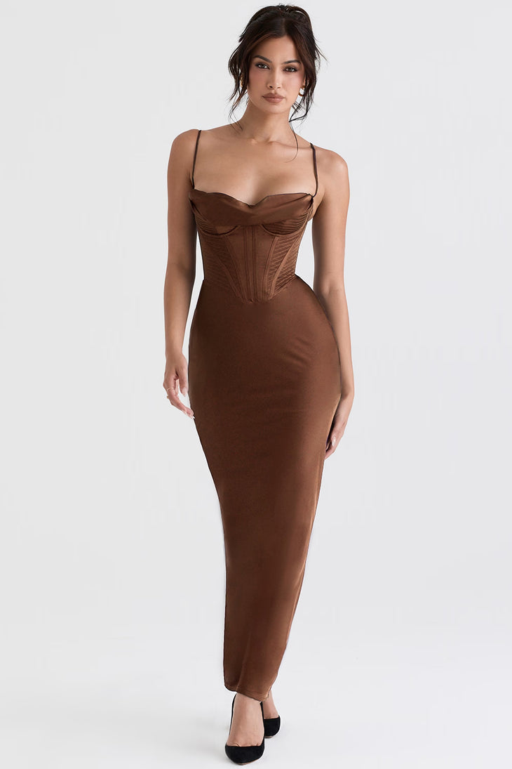 Chocolate corset maxi dress with sweetheart neckline and thin straps — House of CB | Endless UAE