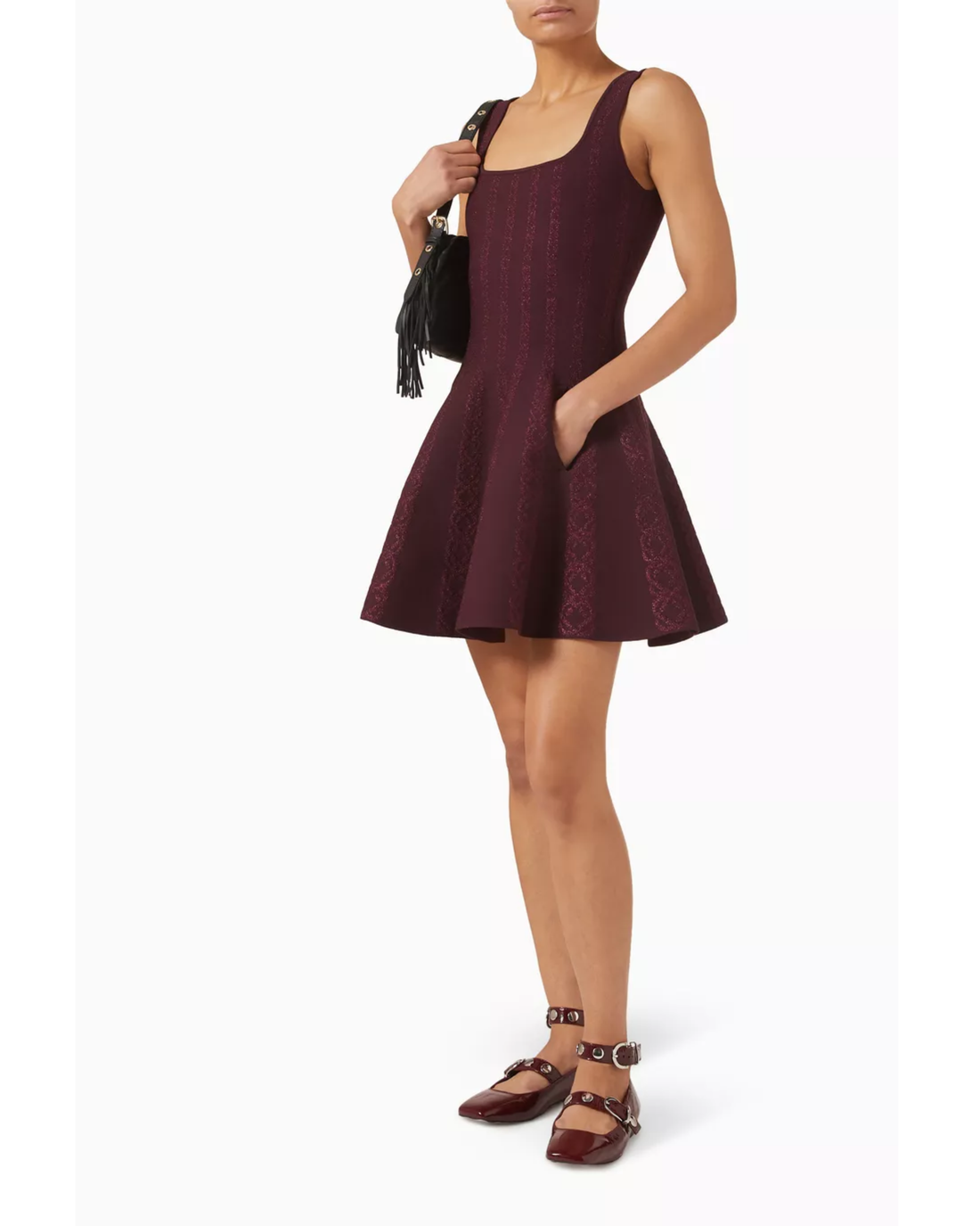 Burgundy sleeveless A-line dress with vertical lurex stripes — Maje | Endless UAE