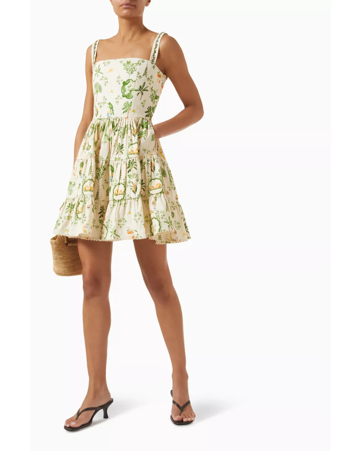 Lima wild dress in cream with botanical print and tiered skirt — Agua by Agua Bendita | Endless UAE