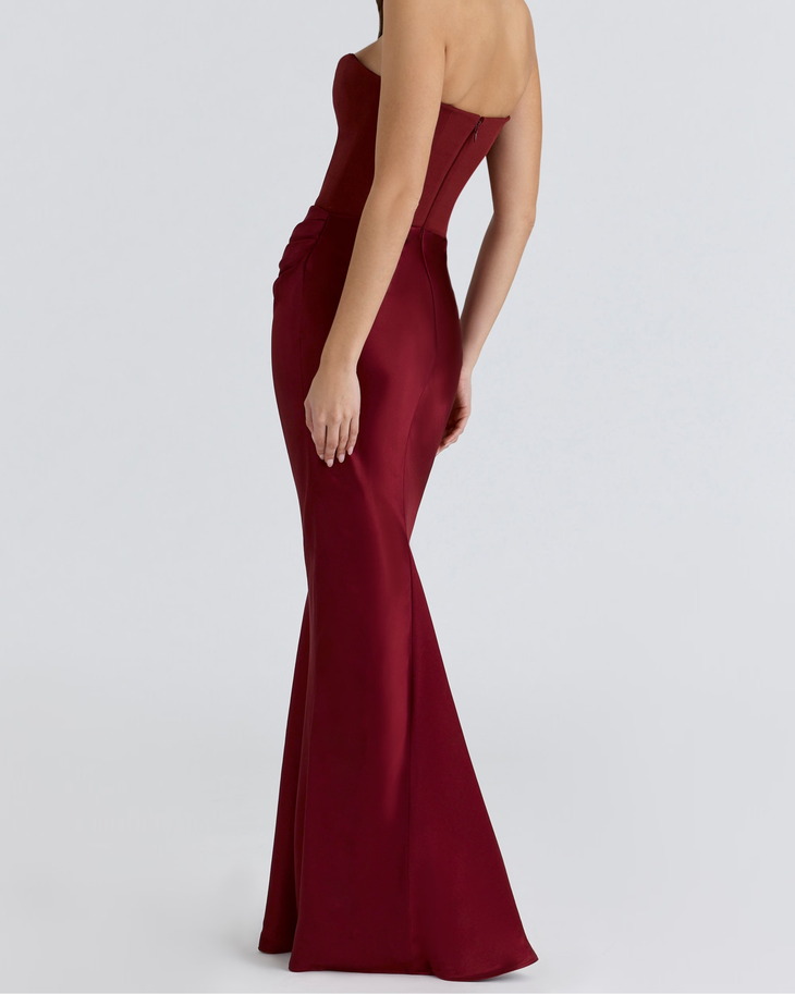 Burgundy strapless corset maxi dress with ruched waist detail — House of CB | Endless UAE