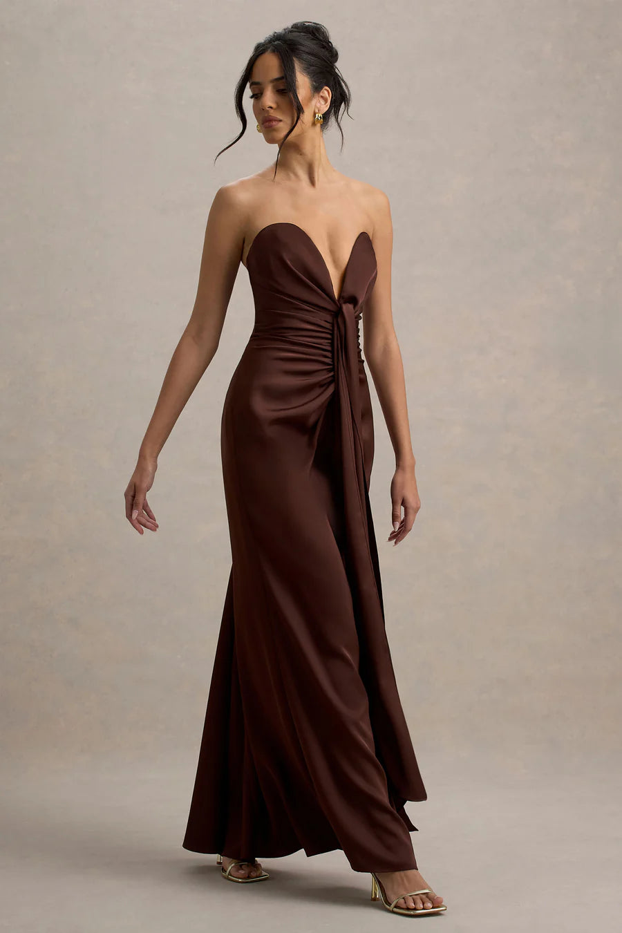 Burgundy satin plunge-neck draped maxi dress with ruched waist detail — Club L London | Endless UAE