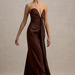 Burgundy satin plunge-neck draped maxi dress with ruched waist detail — Club L London | Endless UAE