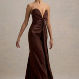 Burgundy satin plunge-neck draped maxi dress with ruched waist detail — Club L London | Endless UAE