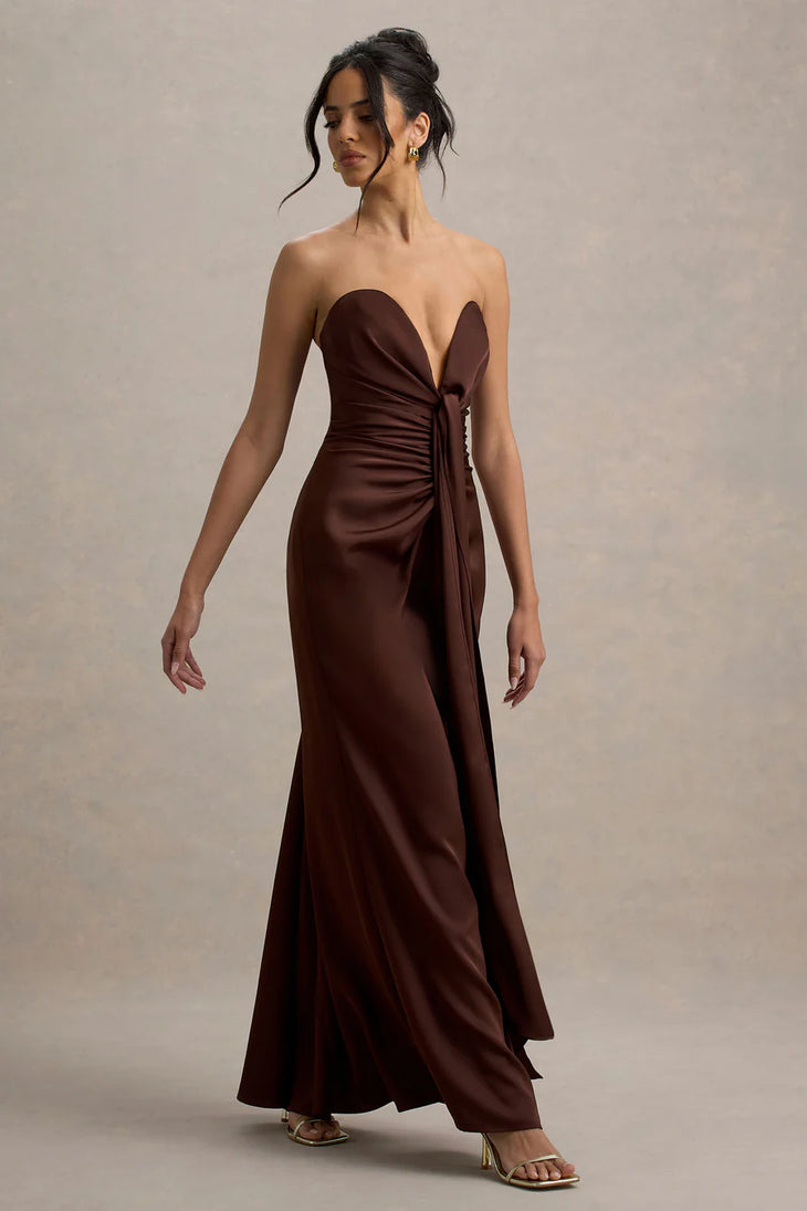 Burgundy satin plunge-neck draped maxi dress with ruched waist detail — Club L London | Endless UAE