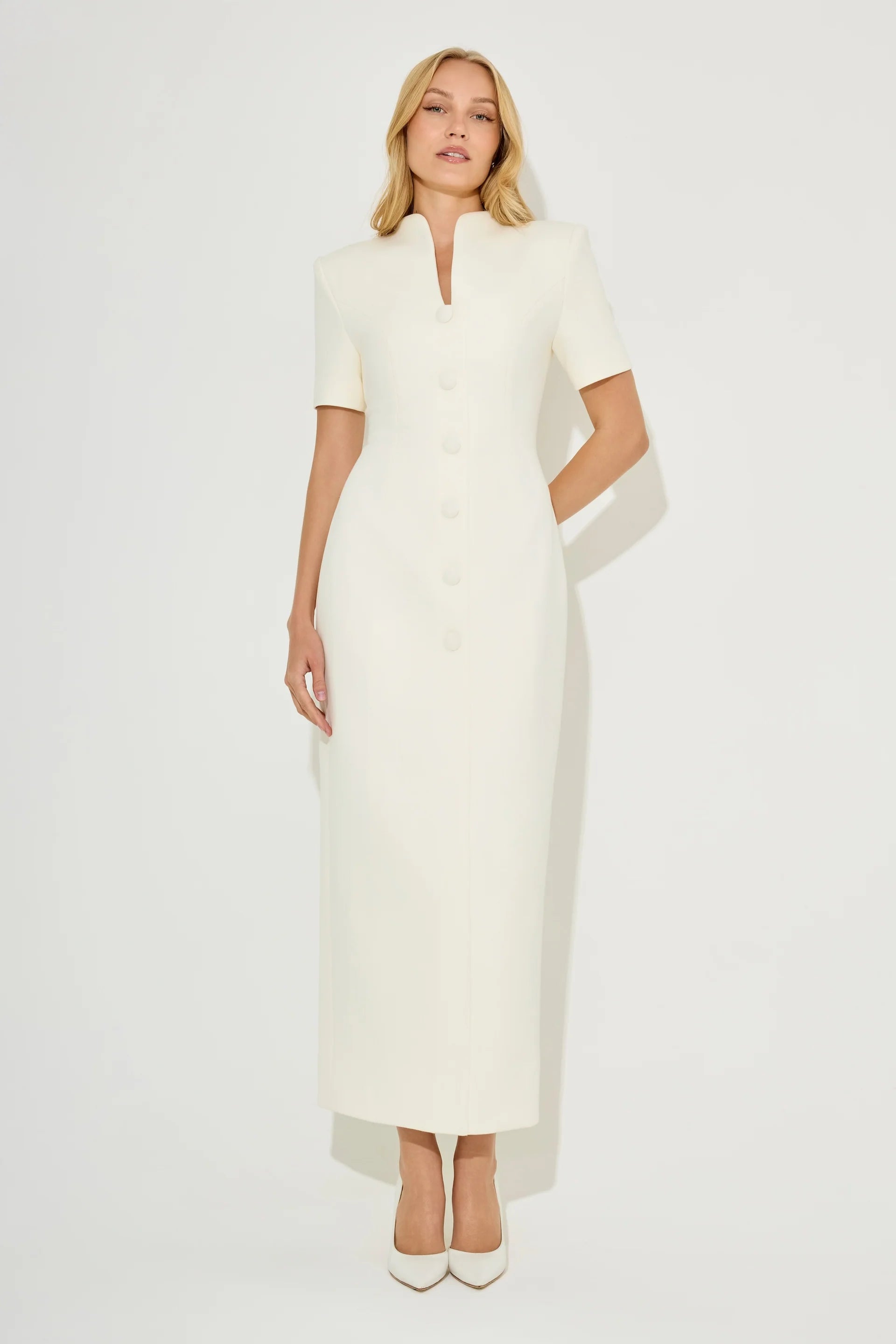 White cotton mix button midi dress with short sleeves — Odd Muse | Endless UAE