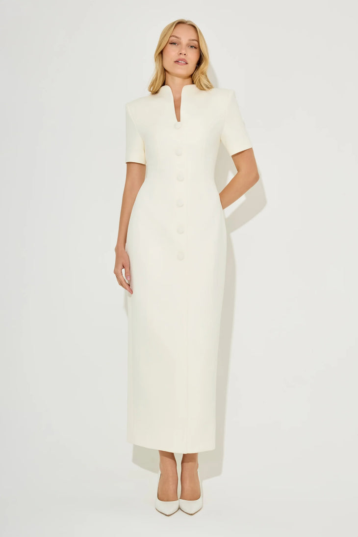 White cotton mix button midi dress with short sleeves — Odd Muse | Endless UAE