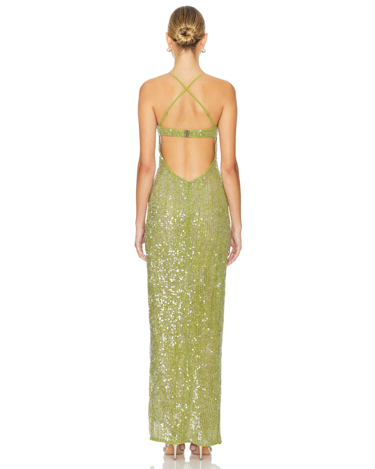 Woman wearing lime green sequin maxi dress with slit and thin straps — Camila coelho | Endless UAE