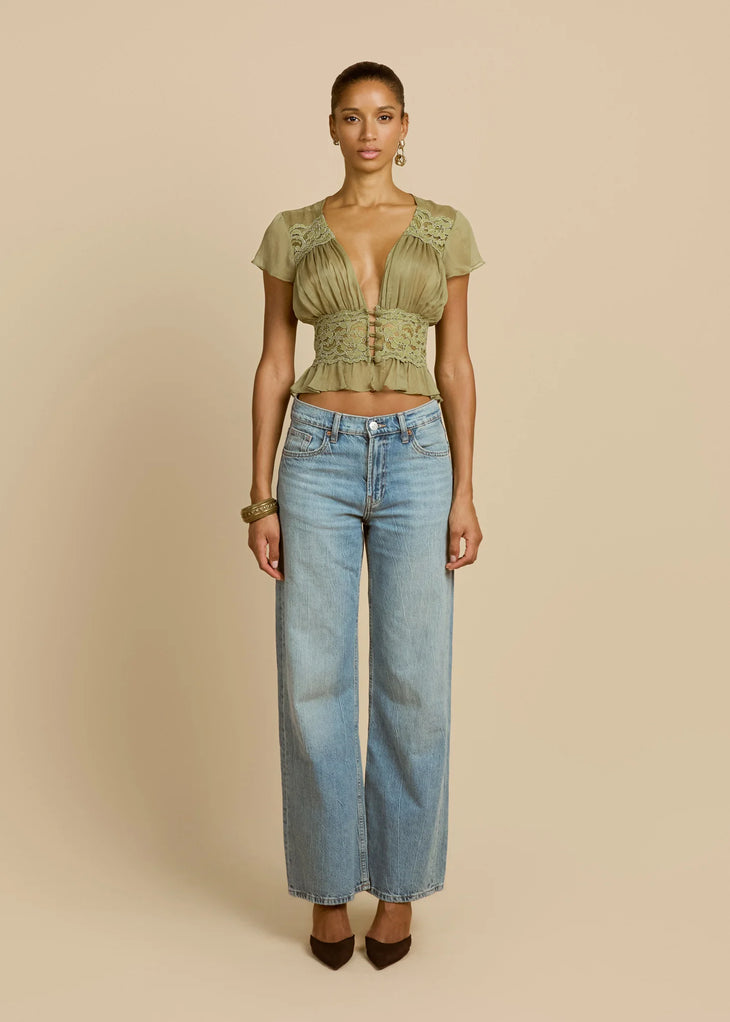 Sabrina Top in sage with lace detailing and ruched front — Arcina Ori | Endless UAE