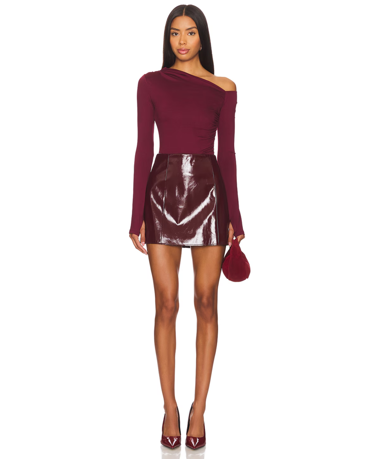 Burgundy one-shoulder long sleeve crop top with off-shoulder neckline — NIA The Brand | Endless UAE