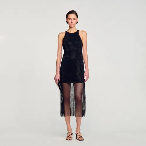 Black sleeveless shiny mesh midi dress with layered tulle overlay — Sandro | Endless UAE