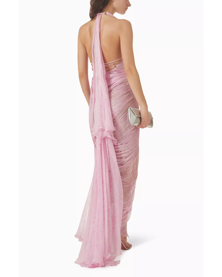 Pink pleated halter maxi dress with wrap waist detail — Maria Lucia Hohan | Endless UAE