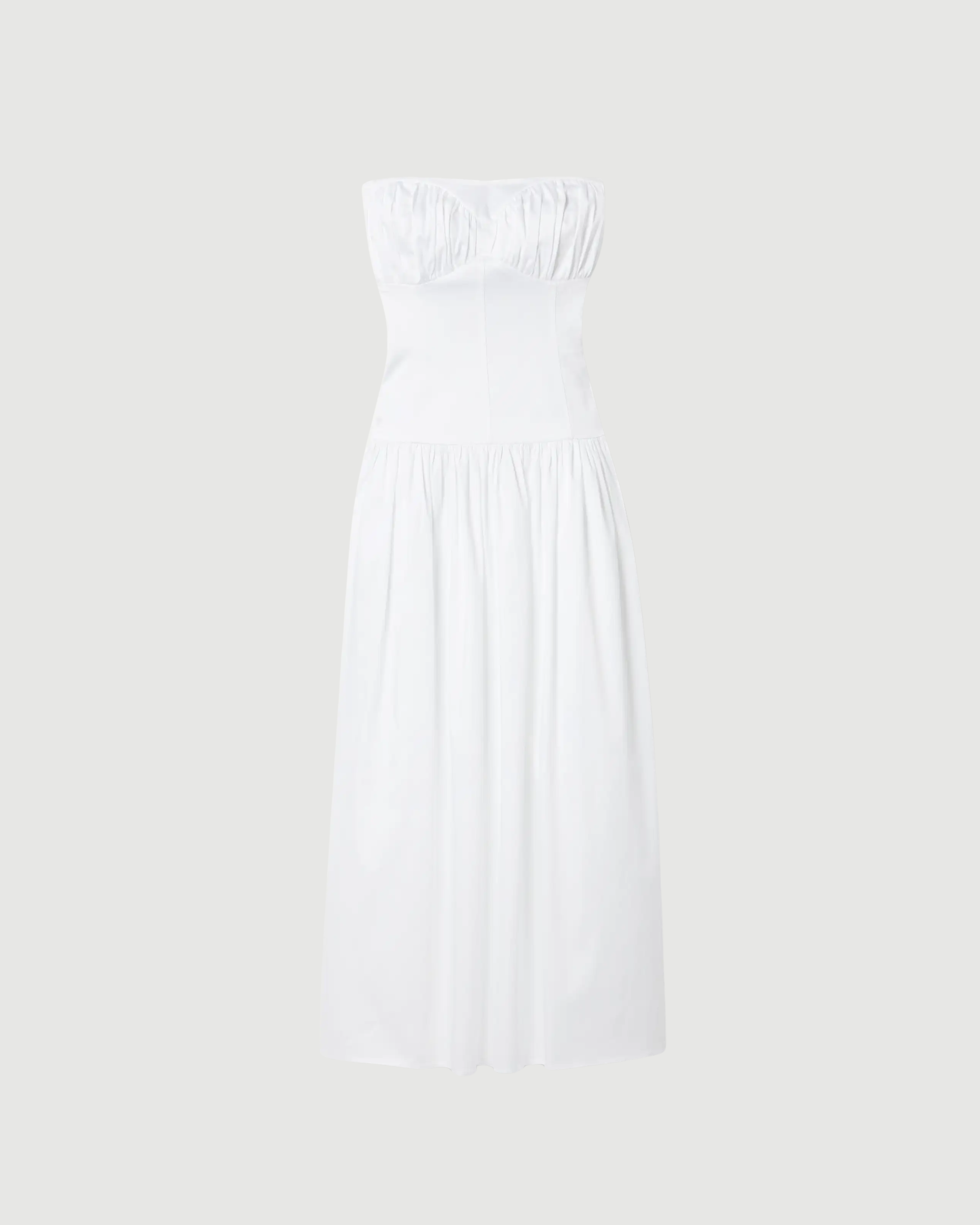 White strapless gathered cotton-blend midi dress with ruched neckline — Tove | Endless UAE