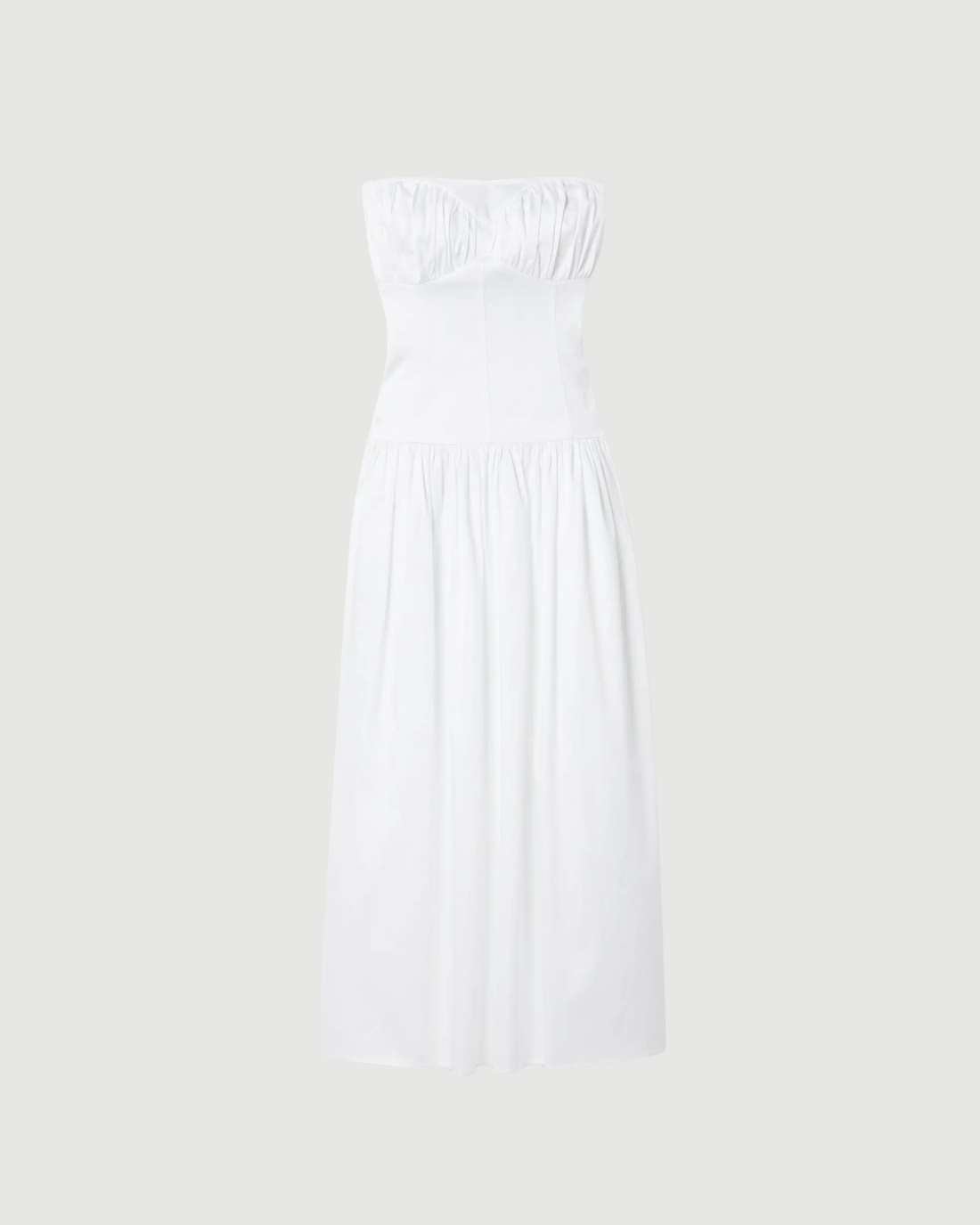 White strapless gathered cotton-blend midi dress with ruched neckline — Tove | Endless UAE