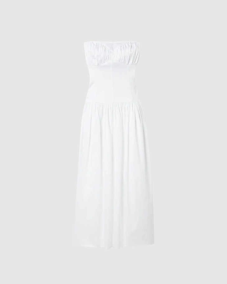 White strapless gathered cotton-blend midi dress with ruched neckline — Tove | Endless UAE