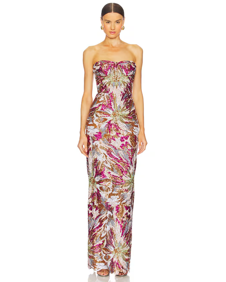 Strapless sequin maxi dress with floral embroidery in pink, gold and ivory — Bronx & Banco | Endless UAE