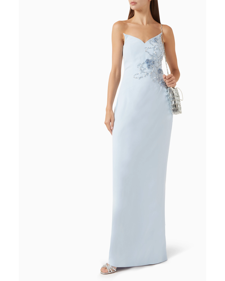 Light blue embellished cape and dress set with beaded detailing and sweeping train — Heva | Endless UAE