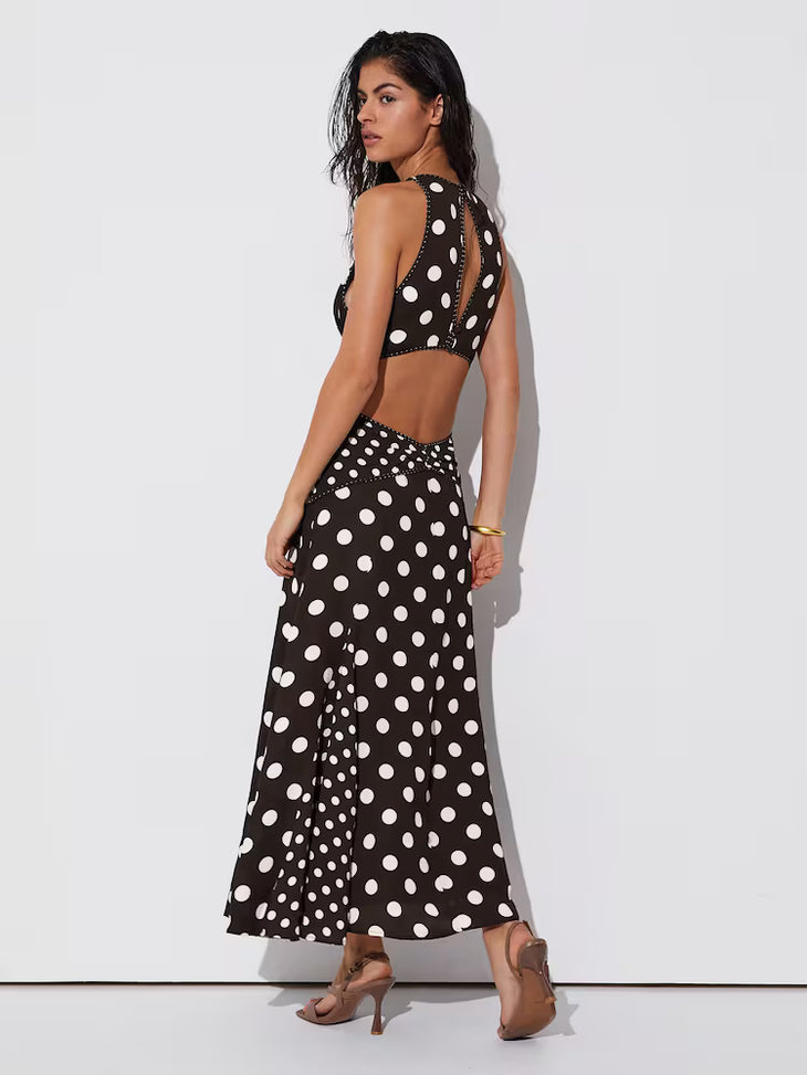 Black and white polka-dot sleeveless midi dress with cut-out waist detail — Reiss | Endless UAE
