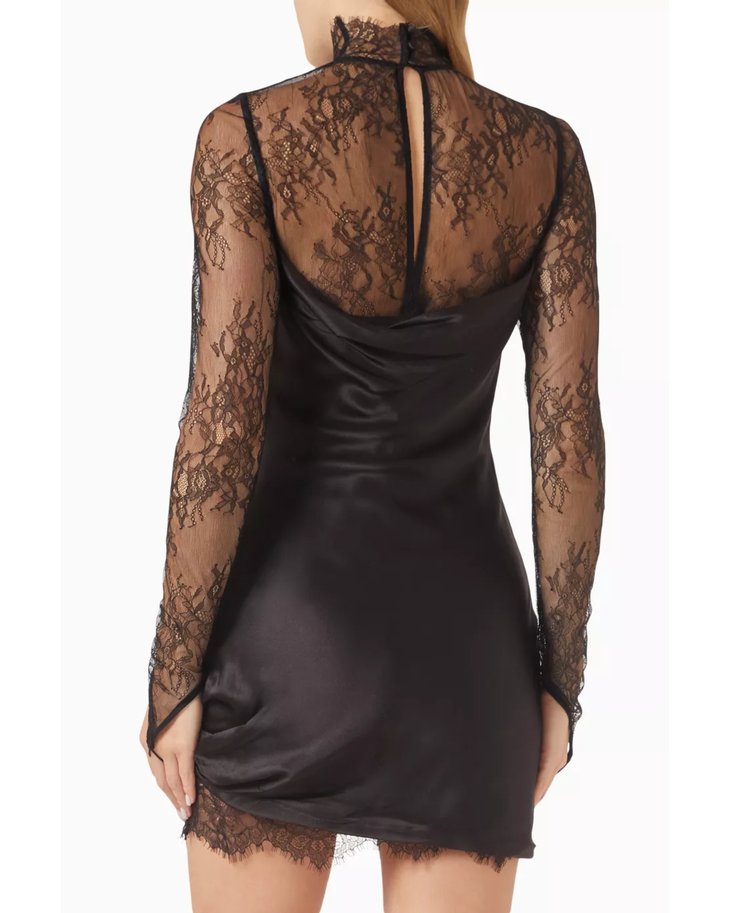 Black satin mini dress with lace sleeves and choker neckline — De La Vali | Endless UAE