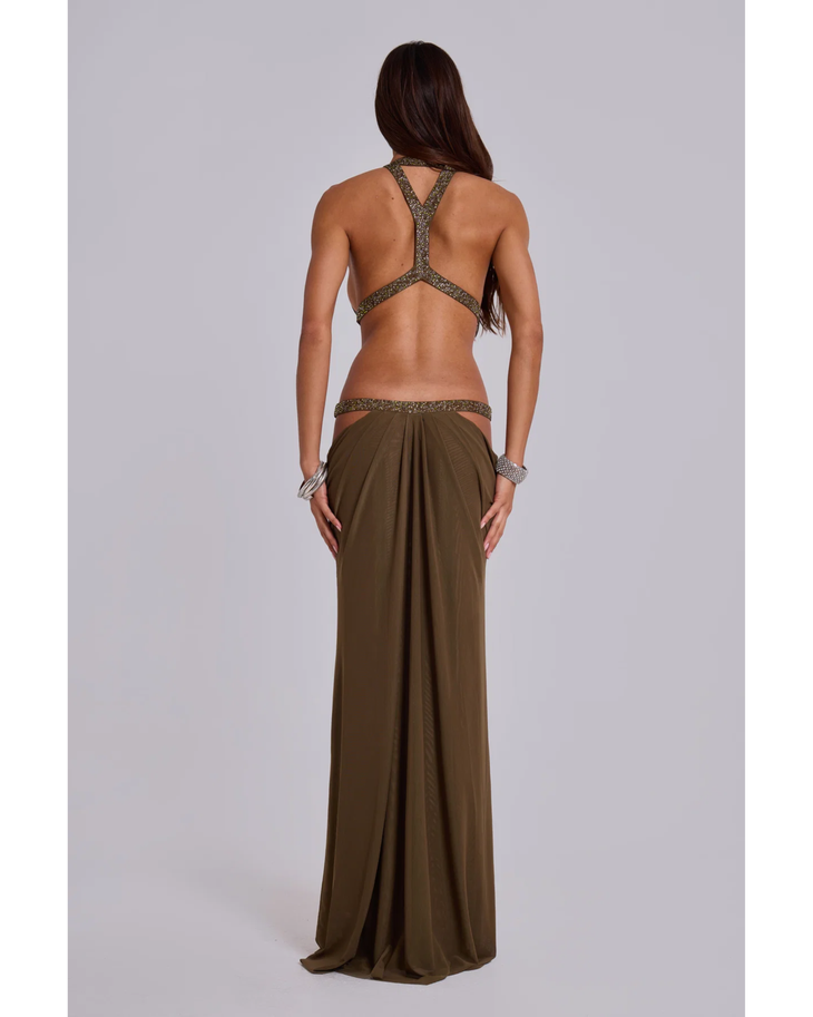 Olive halter maxi dress with beaded cutout details and draped fabric — Jaded London | Endless UAE