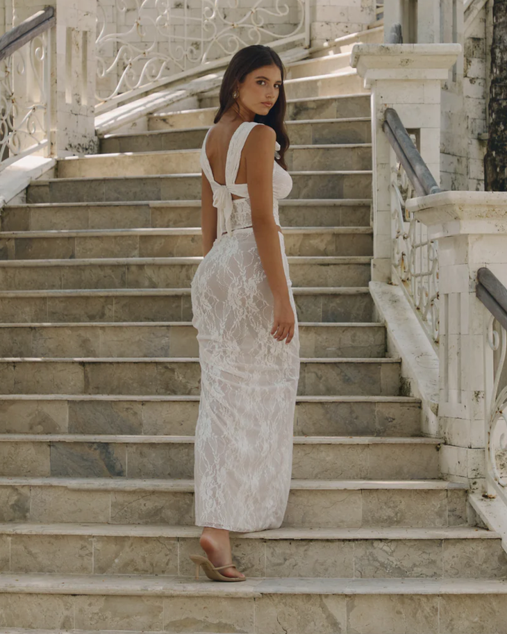 White lace two-piece set with cutout crop top and maxi skirt — By Alle | Endless UAE