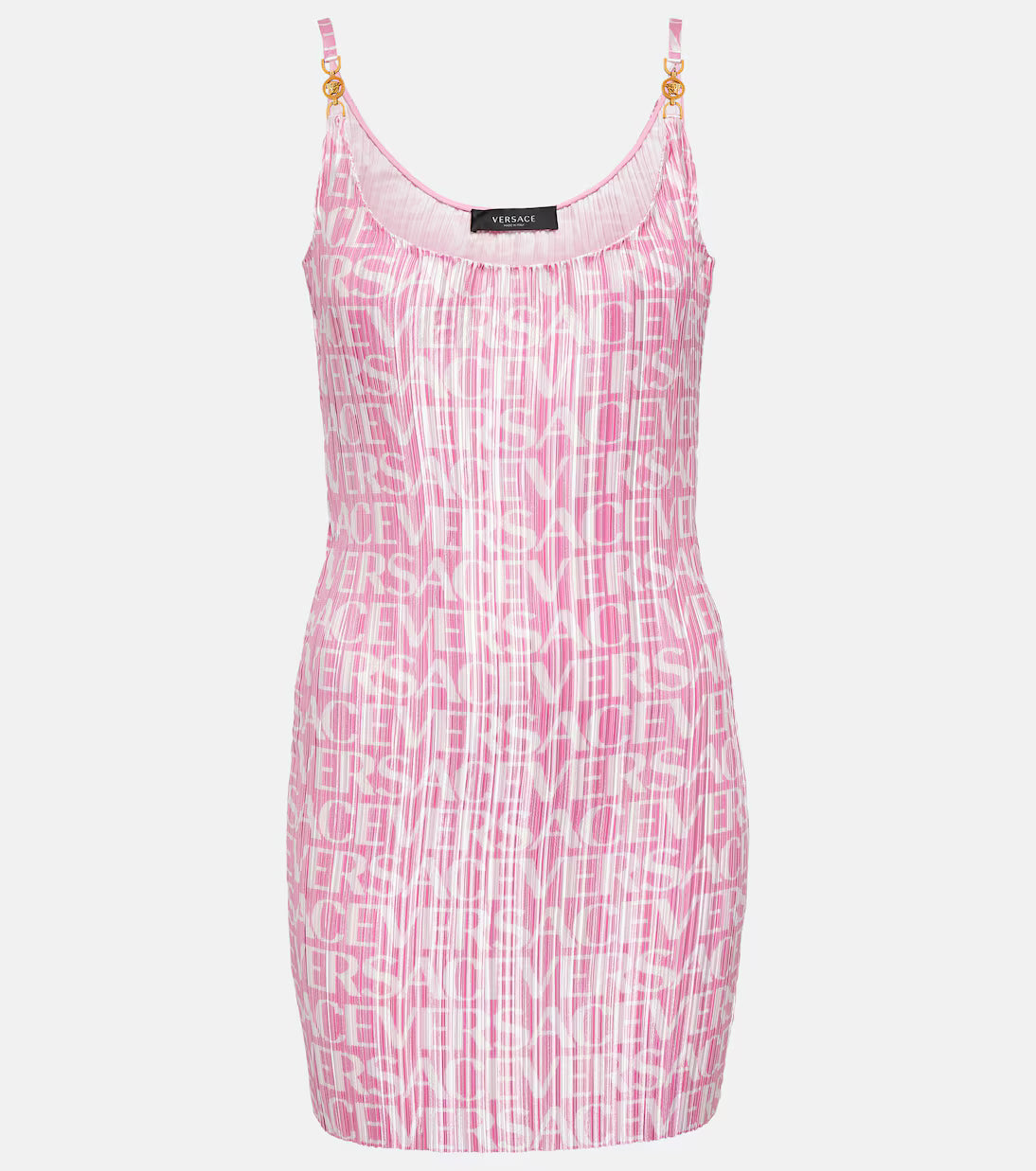 Pink plissé mini dress with Medusa '95 logo pattern and gold-toned chain straps — Versace | Endless UAE