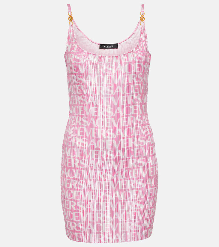 Pink plissé mini dress with Medusa '95 logo pattern and gold-toned chain straps — Versace | Endless UAE