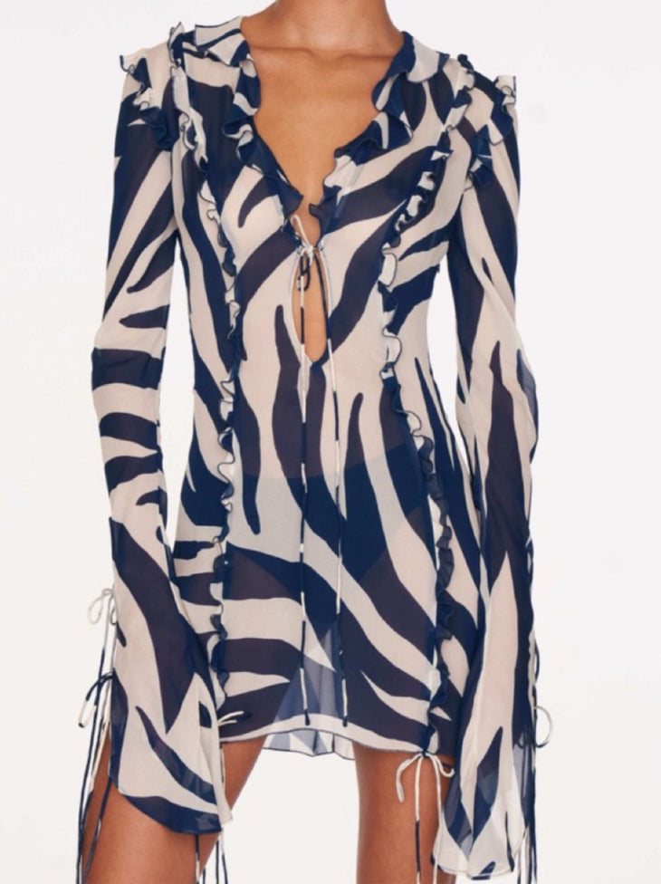 Annika Zebra Mini Dress in navy and cream with draped fringe sleeves — Rat & Boa | Endless UAE