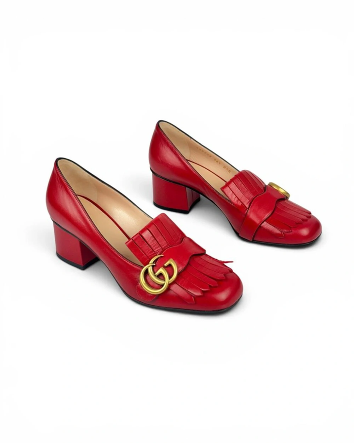 Red leather GG Marmont loafers with fringe and gold hardware — Gucci | Endless UAE