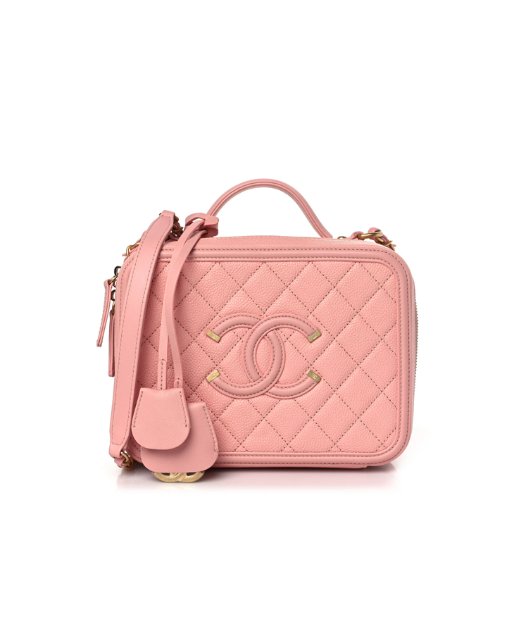 Pink quilted Chanel Filigree Vanity Bag with gold hardware and chain strap — Chanel | Endless UAE