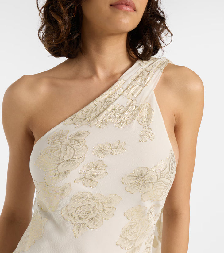 Ivory silk-blend lamé maxi dress with gold floral embroidery and one-shoulder neckline — Alexandra Miro | Endless UAE