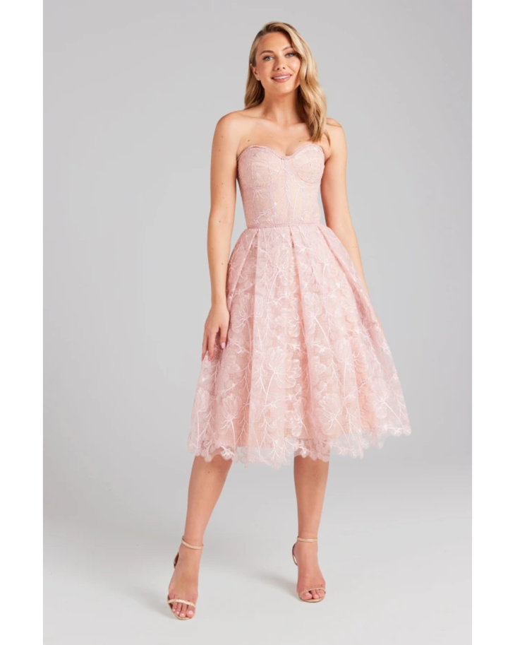 Blush pink strapless lace midi dress with sweetheart neckline — Nadine Merabi | Endless UAE