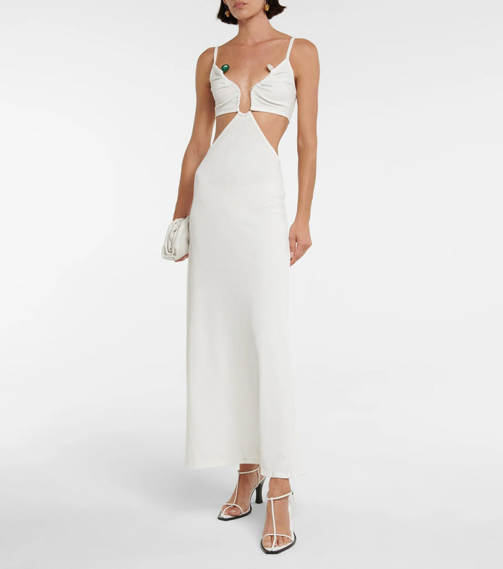 White cutout maxi dress with ring detail and ruched straps — Christopher Esber | Endless UAE