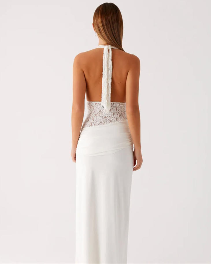 White halter maxi dress with lace bodice detail and ruched skirt — Peppermayo | Endless UAE