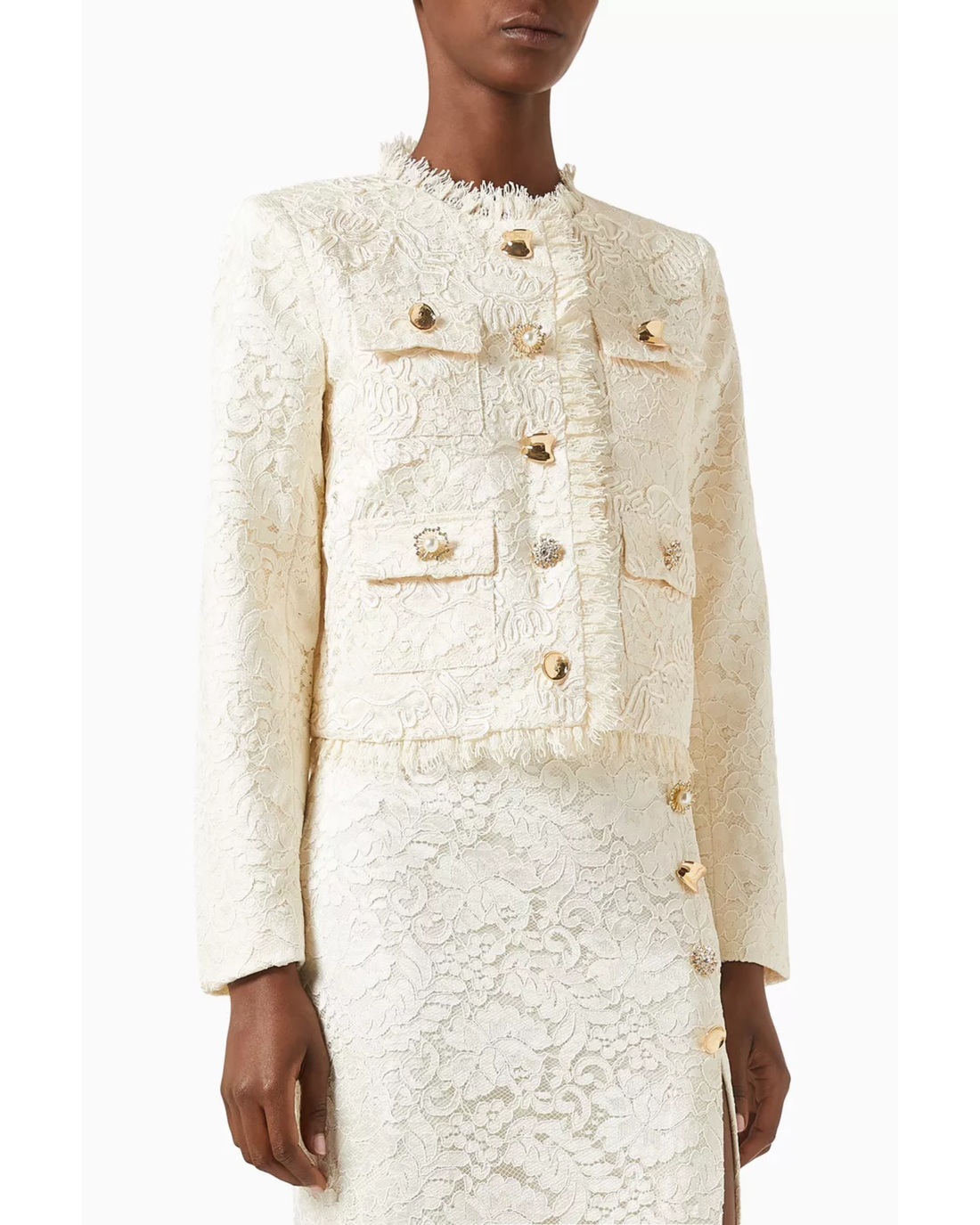 Cream lace crop jacket with gold buttons and frayed trim — Self Portrait | Endless UAE