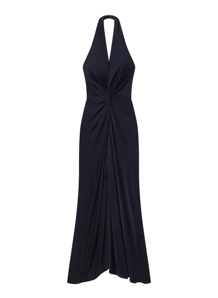 Black halter satin gown with twisted center detail and flowing hem — ALC | Endless UAE